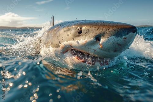 A shark is swimming in the ocean with its mouth open