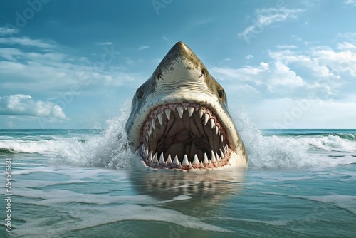 A shark is in the water with its mouth open © top images
