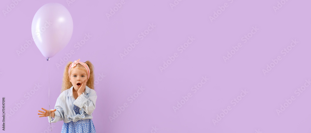 Cute shocked little girl with beautiful balloon near purple wall Cute shocked little girl with beautiful balloon near purple wall