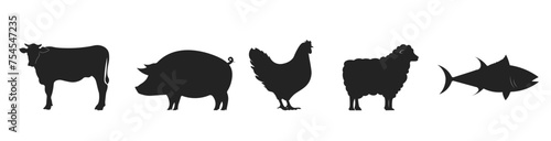 Bundle set pictogram icon of animals, cow, pig, chickem, lamb, fish