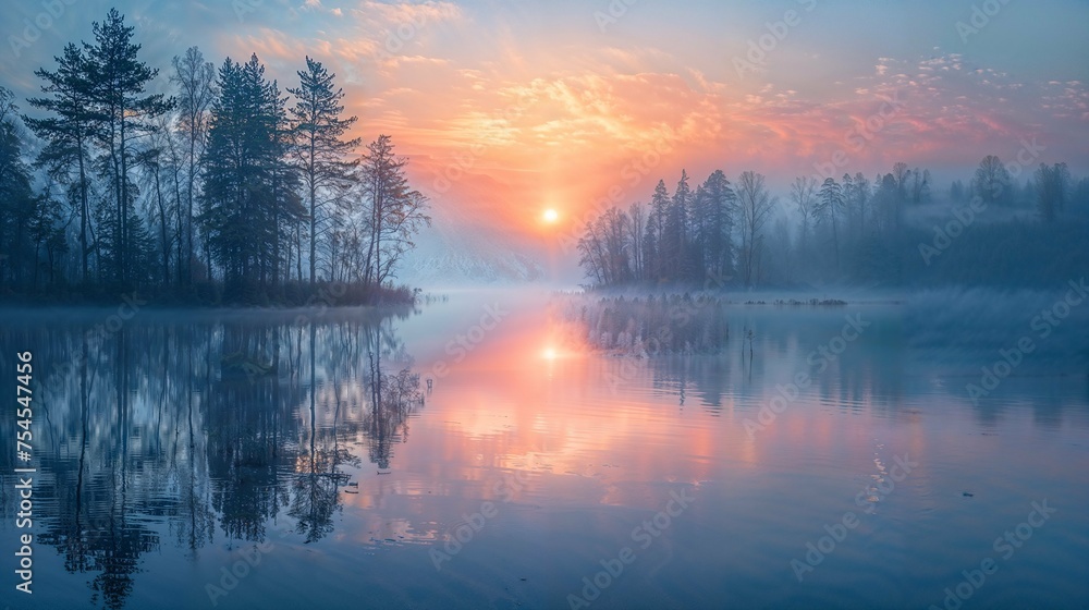 A serene lake at dawn A serene lake at dawn