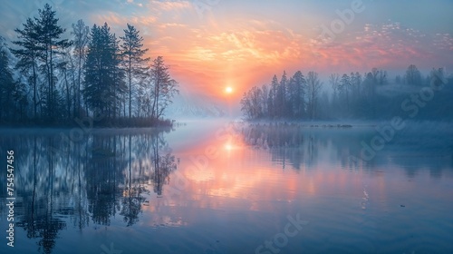A serene lake at dawn