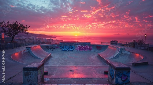 Empty skate park at sunset