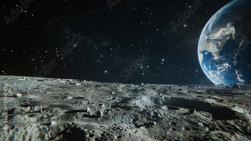 view from the surface of the moon to the blue planet earth. breathtaking views in space. Generative AI