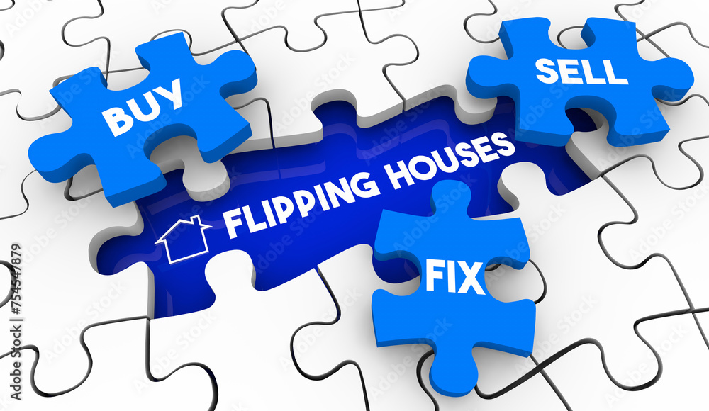 Flipping Houses Puzzle Pieces Buy Fix Sell Homes 3d Illustration Flipping Houses Puzzle Pieces Buy Fix Sell Homes 3d Illustration