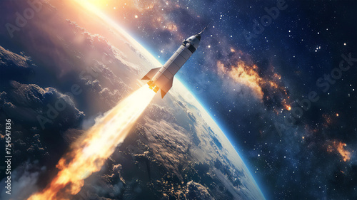 A view from space, of a rocket flying out of the atmosphere of planet Earth. Generative AI