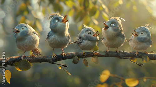 A group of colorful birds sitting on a branch and singing, concept of Bird watching and Nature photography, created with Generative AI technology