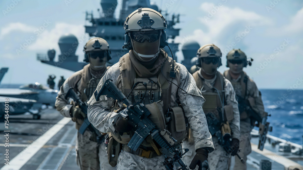 a team of soldiers of the special division of the sea fir, on a mission. a frame demonstrating the power and strength of the military forces. Generative AI a team of soldiers of the special division of the sea fir, on a mission. a frame demonstrating the power and strength of the military forces. Generative AI