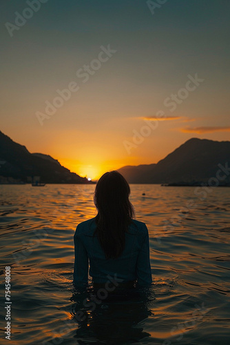 Back View of Unrecognizable Female Silhouette Standing in Rippling Sea Water Enjoying Sunset Over Mountains © borisk.photos