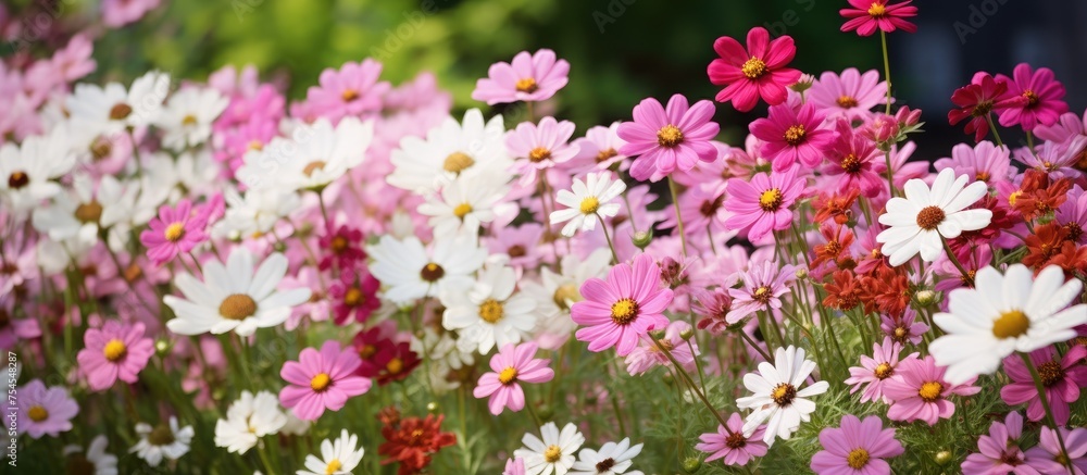 Naklejka premium Serene Pink and White Blossoms Adorn a Lush Field under the Warm Sunlight