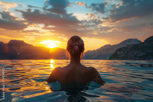 Back View of Unrecognizable Female Silhouette Standing in Rippling Sea Water Enjoying Sunset Over Mountains © borisk.photos