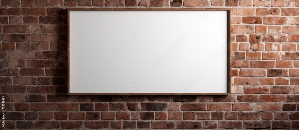 A brick wall with a blank picture frame hanging on it, ready to display a photograph or artwork. The frame is empty, offering a customizable space for personalization. A brick wall with a blank picture frame hanging on it, ready to display a photograph or artwork. The frame is empty, offering a customizable space for personalization.