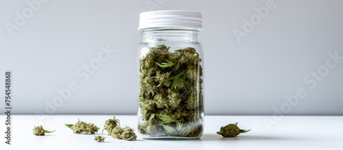 Aromatic Cannabis Buds Stored in a Glass Jar on a Clean White Surface