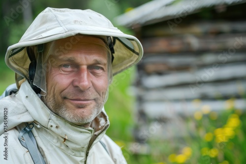 beekeeper in a white hat covering his face with a net. male portrait. Behind there is a blue-green wooden apiary. green grass around. place for text. banner. Beekeeping photo