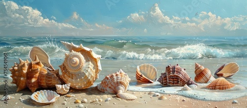 A painting of various seashells scattered on a sandy beach, capturing the beauty of marine treasures under the blue skies.