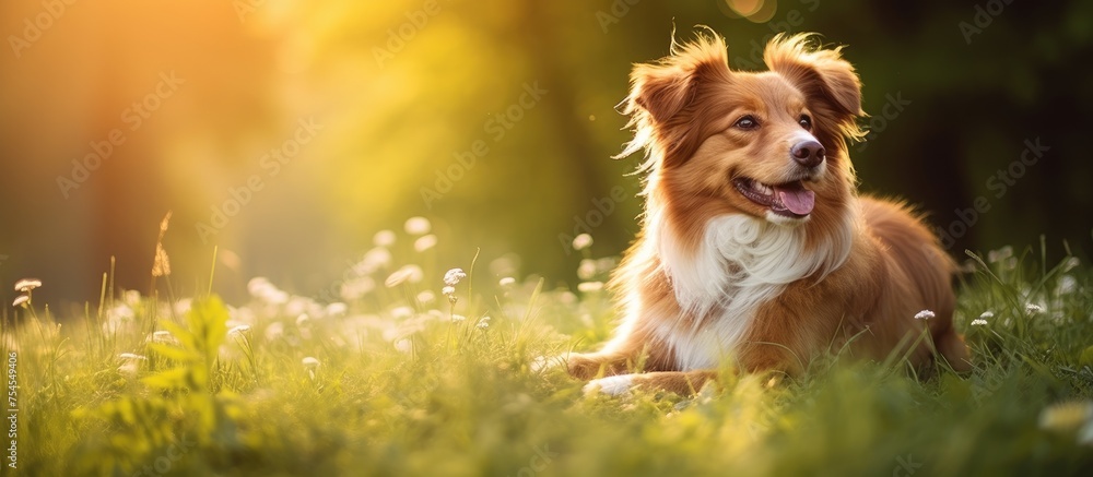 Happy Canine Rests Contently in the Lush Greenery with its Tongue Out Happy Canine Rests Contently in the Lush Greenery with its Tongue Out