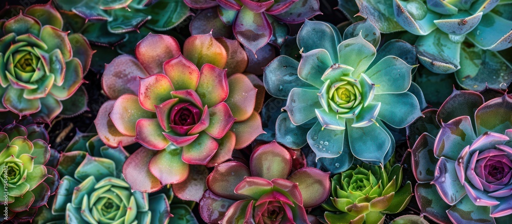 A cluster of diverse and colorful Sempervivum succulents growing together in harmony, displaying a variety of shapes, sizes, and hues. A cluster of diverse and colorful Sempervivum succulents growing together in harmony, displaying a variety of shapes, sizes, and hues.