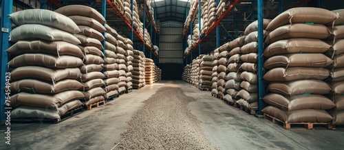 A warehouse tightly packed with numerous bags of sand, reaching the ceiling. The bags are neatly stacked, creating a uniform and dense display.