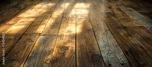 Sunlight shines on a textured wooden floor, highlighting grains and imperfections. The warm rays create a natural pattern across the surface.