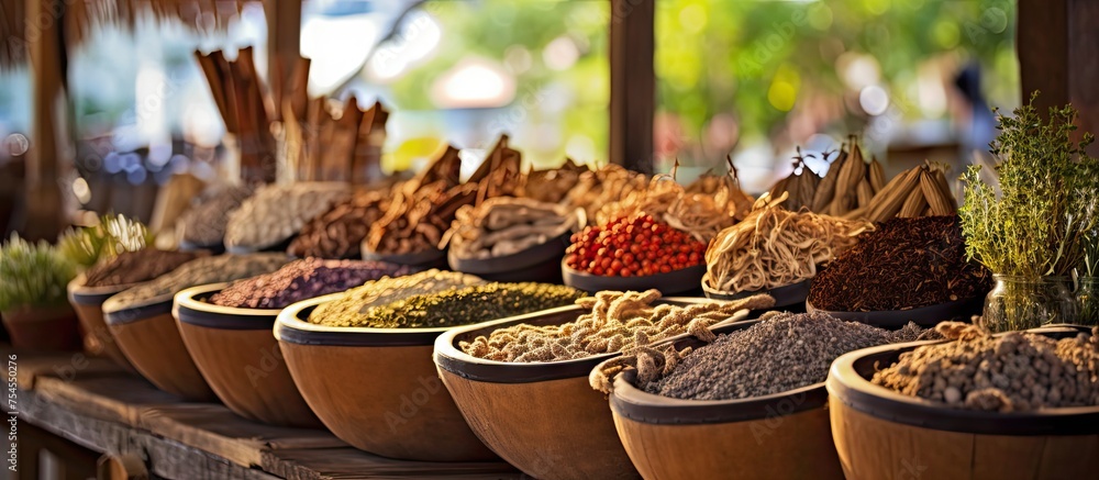 Fototapeta premium Delicious Culinary Delights: Array of Spices and Herbs Arranged on a Wooden Table
