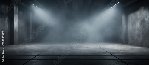 A black and white scene of a dimly lit room, featuring an industrial wall and a podium bathed in a ray of light. Fog and mist add an atmospheric element to the setting.