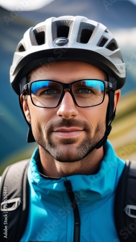 Man wearing helmet and sunglasses glasses stands confidently before towering mountain backdrop ready for adventure, exploration. He may be gearing up for bicycle ride, some other outdoor activity. © Anzelika