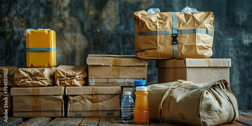 Detailed Care Package Preparation for Disaster Relief. Concept Emergency Supplies, Food Items, First Aid Kit, Hygiene Products, Comforting Items photo