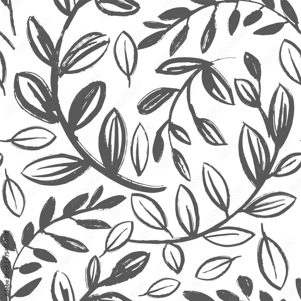 Floral seamless pattern. Leaves hand drawn brush stroke.  Vector doodle, sketch