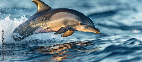 A dolphin is jumping out of the water, showcasing its agility and grace as it breaches the surface.