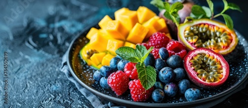 A plate filled with assorted fruits is placed on a table, showcasing a colorful array of healthy snacks.
