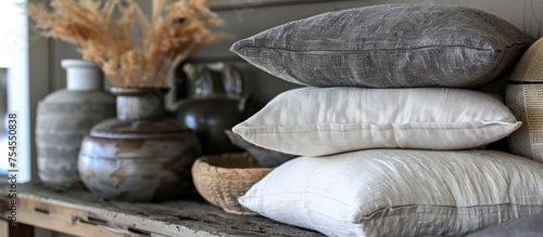 A stack of pillows of various shapes neatly arranged on a wooden shelf, creating a cozy and organized display.