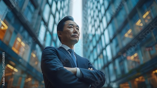 Successful Chinese businessman surrounded by skyscrapers in an enterprise zone, looking at the skyline
