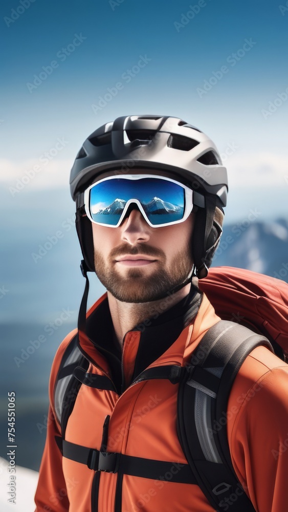 Man wearing helmet and sunglasses glasses stands confidently before towering mountain backdrop ready for adventure, exploration. He may be gearing up for bicycle ride, some other outdoor activity. Man wearing helmet and sunglasses glasses stands confidently before towering mountain backdrop ready for adventure, exploration. He may be gearing up for bicycle ride, some other outdoor activity.