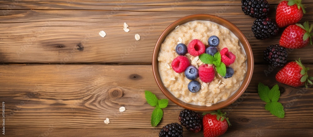 Healthy Breakfast Delight: Nourishing Oatmeal Bowl Garnished with Fresh Berries and Mint Leaves Healthy Breakfast Delight: Nourishing Oatmeal Bowl Garnished with Fresh Berries and Mint Leaves