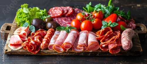 A variety of meats and vegetables arranged neatly on a wooden tray, creating a colorful and appetizing display.