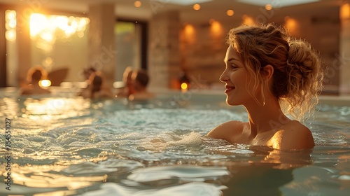 Middle-aged woman enjoying the pool at a luxury resort spa hotel