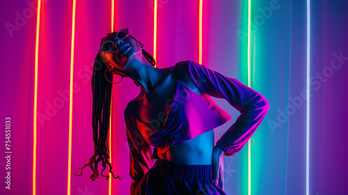 Devoted African American young woman dancer in stylish pop style clothes and sunglasses, with dreadlocks hairstyle dancing happily under purple blue pink neon light backgrounds, dancer portrait.