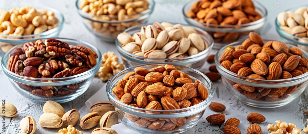 An assortment of nuts displayed in glass bowls on a wooden table. The variety includes almonds, walnuts, pecans, and cashews.