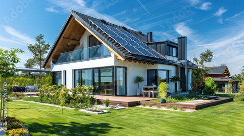 Eco-friendly house design with solar panels and a yard full of green grass views. © Ghiska