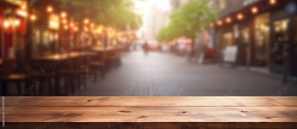 Rustic Wooden Table Setting Outdoors in Urban Setting with a European Street View