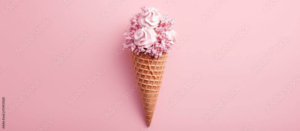 Delicate Spring Concept: Ice Cream Cone Adorned with Pink Flowers on Soft Pink Background Delicate Spring Concept: Ice Cream Cone Adorned with Pink Flowers on Soft Pink Background