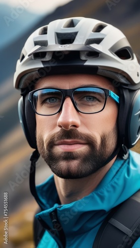 Man wearing helmet and glasses stands confidently before towering mountain backdrop ready for adventure and exploration. He may be gearing up for bicycle ride or some other outdoor activity. © Anzelika