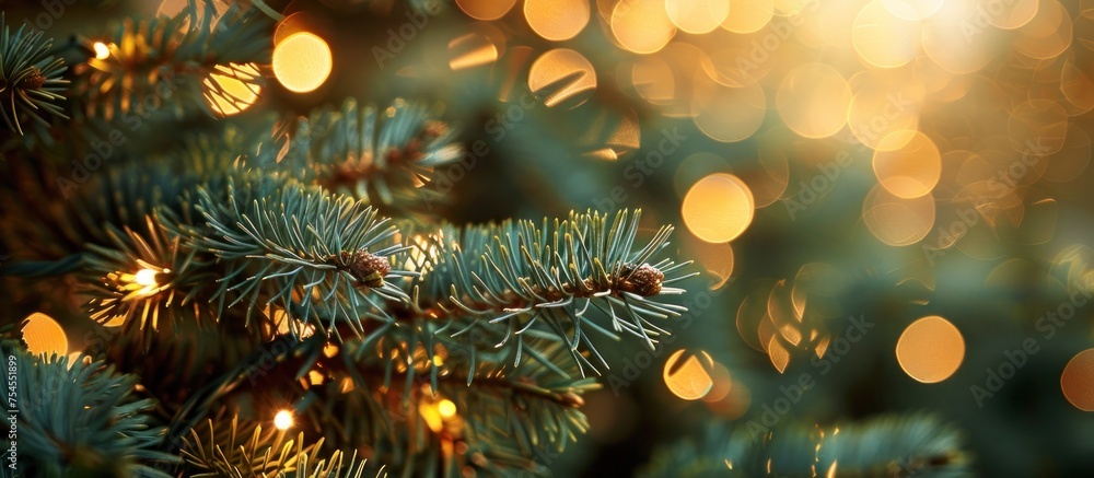 A detailed close-up of a pine tree with glowing lights in the background creates a festive and warm atmosphere.