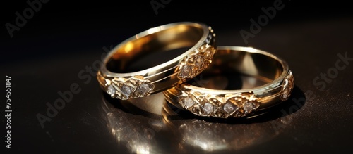 Romantic Pair of Wedding Rings Resting Tenderly on Wooden Table with Soft Lighting