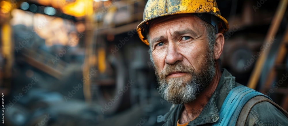 coal miner wearing a hard hat and sporting a beard, ready for work in the mining industry.