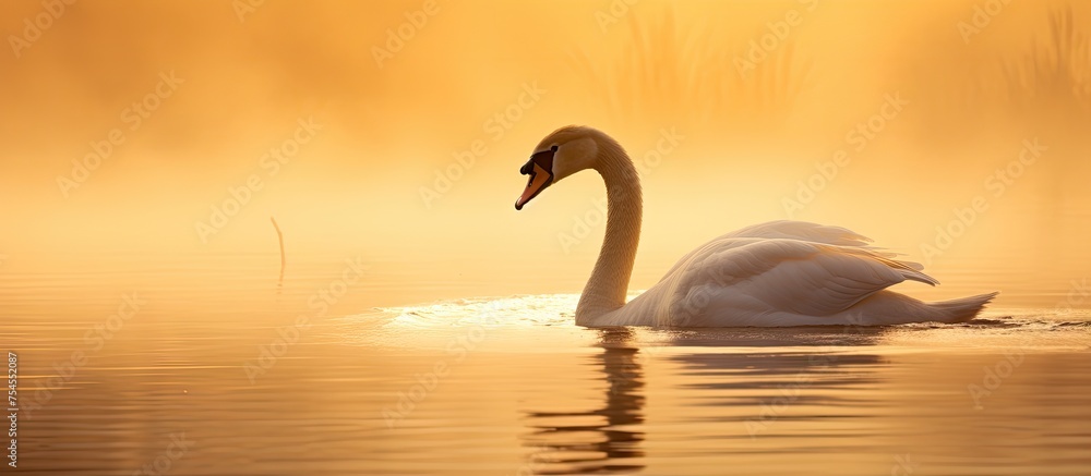 Fototapeta premium Graceful Swan Gliding Across Serene Lake Waters Under the Warm Glow of a Vibrant Sunset