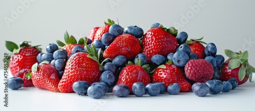 A collection of fresh strawberries and blueberries heaped together on a wooden table in natural light.