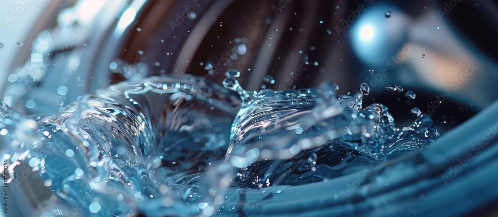 A detailed view of water gushing out from a spinning washing machine during a laundry cycle. A detailed view of water gushing out from a spinning washing machine during a laundry cycle.