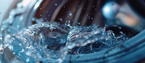 A detailed view of water gushing out from a spinning washing machine during a laundry cycle.