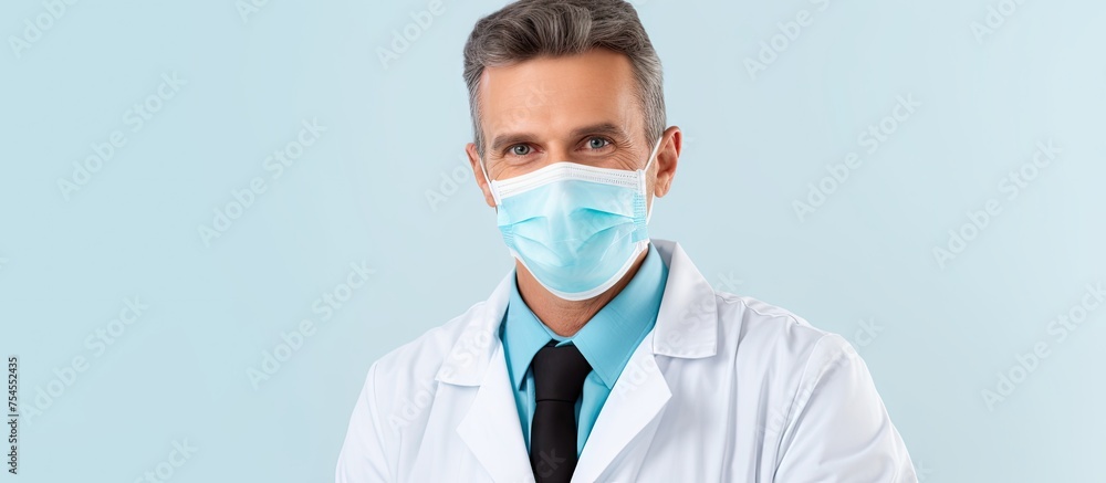 Dedicated male doctor in tie and mask providing healthcare attentively in clinic Dedicated male doctor in tie and mask providing healthcare attentively in clinic